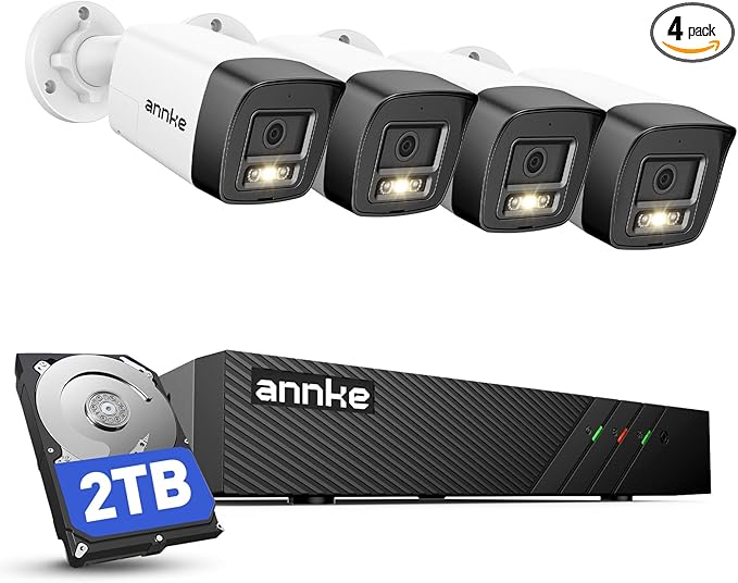 ANNKE H500 8CH 4pcs 3K 5MP Camera PoE Security System, Red and Blue Light Alarm, H.265+ NVR with 2TB HDD, Outdoor Bullet Cam, Color Night Vision, 2-Way Audio, Smart Motion Detection, Works with Alexa