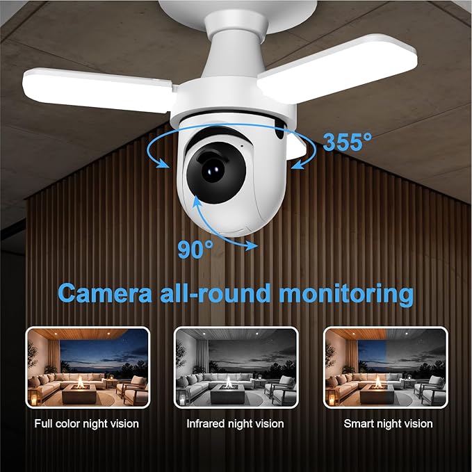 KERUI 2K Light Bulb Camera Outdoor Indoor, 360° Auto Tracking PTZ WiFi Security Camera with Dimmable LED Light, Color Night Vision, AI Motion Detection, Two-Way Audio, E27 Screw in Light Socket
