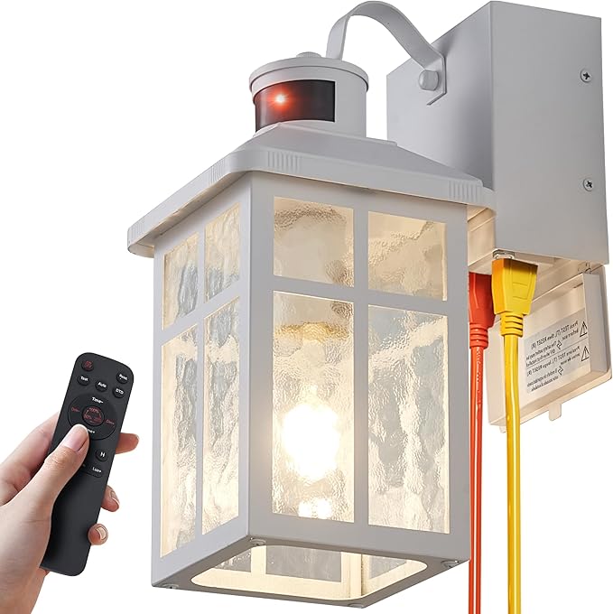 Porch Light with Outlet and Remote Control - Plug in Outdoor Wall Lights with GFCI Exterior Lighting Fixtures Adjustable 3 Sensitivity Levels and 1-10min Delay for Porch, Patio, Entryway(White）