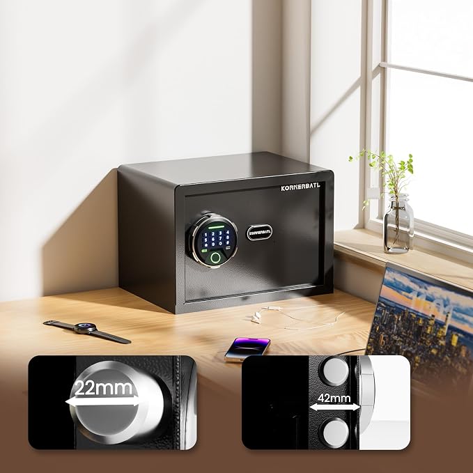 KornerBatl 20 lb Biometric Safe with Fingerprint Lock & LED Light | 30 Fingerprint Storage, PIN Code Access, Backlit Keypad, Silent Entry, Type-C Emergency Power & Removable Shelf