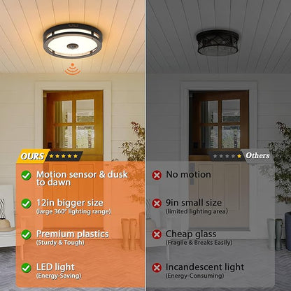 Outdoor Motion Sensor Flush Mount Ceiling Light, LED Outdoor Ceiling Light Fixture 2 Pack, 12" Dusk to Dawn Porch Ceiling Light, Black Modern Exterior Light for Farmhouse Garage Hallway Entry