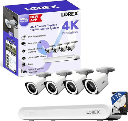 Lorex Connect 8-Channel NVR System with Four 4K IP Bullet Cameras | New APP | Color Night Vision | 2-Way Talk | Deterrence Light | Motion Detections | Quiet NVR | Local Recording with No Monthly Fee