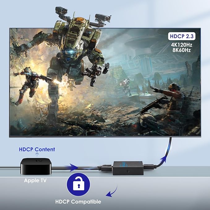 HDMI Splitter - HDCP, HDR, Dolby/DTS5.1/7.1 - Compatible with Firestick 4k Max, PS3/PS5 & Elgato HD60s/x/Pro, Apple TV 4K, Retrotink, Roku soundbar, NOT for Phone (HB-SP102B-8K)