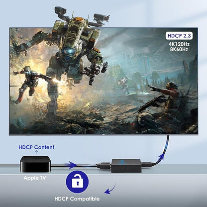 HDMI Splitter - HDCP, HDR, Dolby/DTS5.1/7.1 - Compatible with Firestick 4k Max, PS3/PS5 & Elgato HD60s/x/Pro, Apple TV 4K, Retrotink, Roku soundbar, NOT for Phone (HB-SP102B-8K)