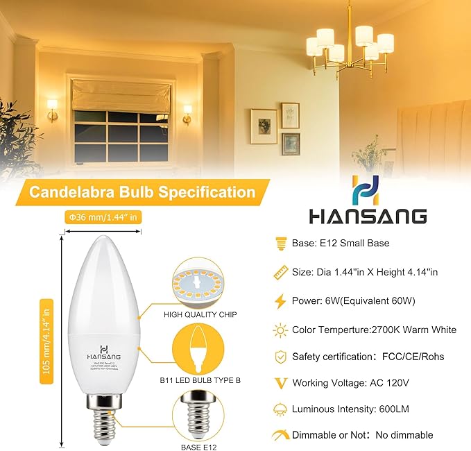 12 Pack E12 LED Candelabra Light Bulbs 60W Equivalent, 2700K Warm White, Chandelier Bulb Small Base, 600 Lumens CRI85+ 120V Type B Candle Light, 6W B11 for Ceiling Fan, Non-Dimmable