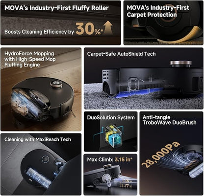 Mova Z60 Ultra Roller Complete Robot Vacuum and Mop, 28,000Pa Suction, 3.14in Obstacle Crossing, AutoShield for Carpet Protection, Zero Tangling Duobrush, Extendable Roller & Side Brush