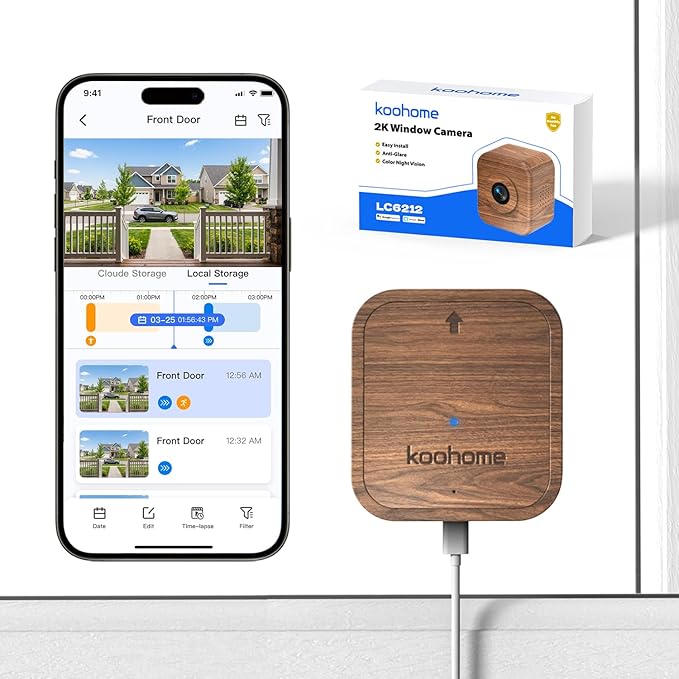 2K Window Camera for Indoor & Outdoor Home Security,Color Night Vision,Anti-Glare,24/7 Recording,Free 3-Day Cloud Storage,Dual-Band WiFi,AI Human Detection,Magnetic Mount,Walnut Wood Design