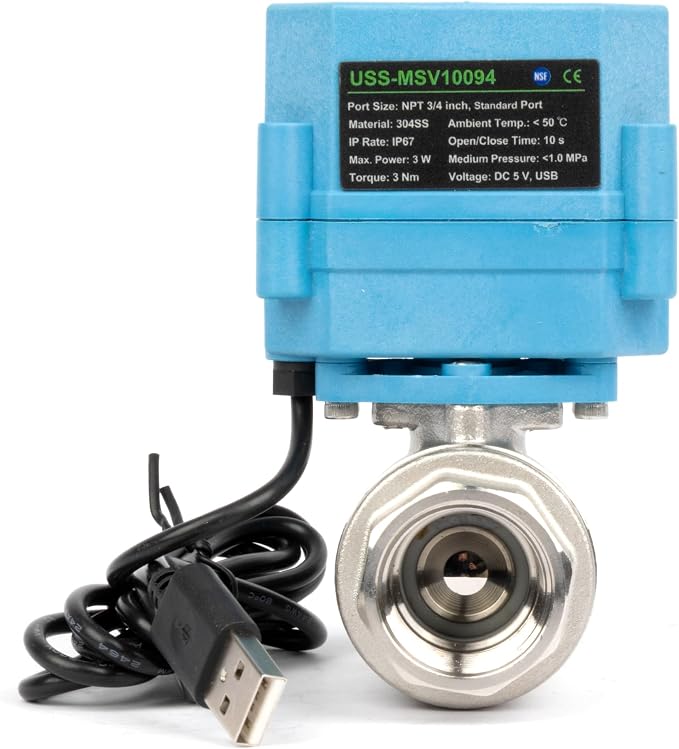 U.S. Solid WiFi Smart Motorized Ball Valve 3/4 inch NPT for Water Control, Irrigation, 2 Way 304SS Electric Valve, USB Powered, Status Indicator, Flow Direction, Remote On/Off Control, NSF Certified
