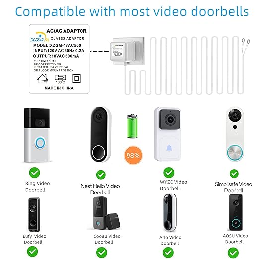 XZGm18V500MA doorbell Power Adapter, Video doorbell Special Power Transformer, Compatible with Ring, Nest, Eufy, Wyze, Arlo Wireless Video doorbell (with 196in Cable White)