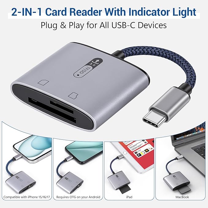 Zleo Hunting Trail Camera SD/TF Card Reader with Type C Port, 2-in-1 USB-C Memory Card Adapter with Indicator, High Speed, Plug and Play, Compatible with Android/iPad/MacBook/Mac/iPhone 15/16/17