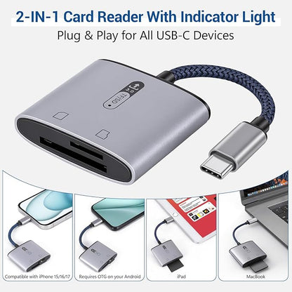Zleo Hunting Trail Camera SD/TF Card Reader with Type C Port, 2-in-1 USB-C Memory Card Adapter with Indicator, High Speed, Plug and Play, Compatible with Android/iPad/MacBook/Mac/iPhone 15/16/17