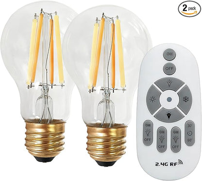 A19 Remote Control LED Bulb Dimmable, Remote Bulb Temperature Control 2700K-6000K, A60 E26 Base Clear Filament LED Bulbs, 2 Pack