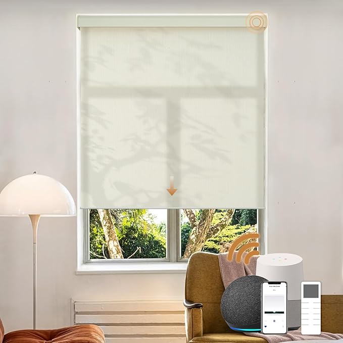 Motorized Light Filtering Roller Shades with Remote Control, Electric Smart Shades Compatible with Alexa and Google, Rechargeable, Customizable Size (Light Beige)