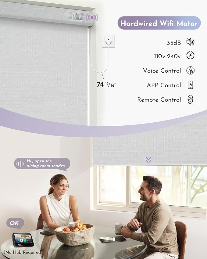 Graywind Motorized Shades 100% Blackout Work with Alexa Google WiFi Hardwired Smart Roller Shade Remote Control Automated Window Blinds with Valance, Customized Size (Pure White)