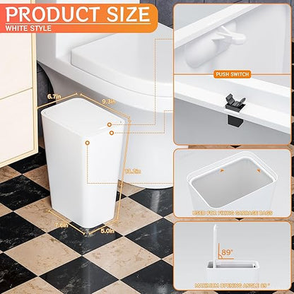 Yieach 12L White Slim Bathroom Trash Can with Lid,3.17 Gallon Pet/Dog Proof Kitchen Trash Can,Rectangle Thin Garbage Can,Covered Waste Basket,Narrow Small Plastic Trashcan for Room,Bedroom,Office,3PCS