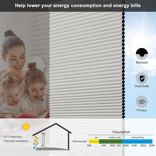 Changshade Custom Cellular Shades Blackout Blinds Cordless for Indoor Windows, Room Darkening Light Blocking Black Out Honeycomb Blinds for Living Room, Bedroom, Bathroom, Grey