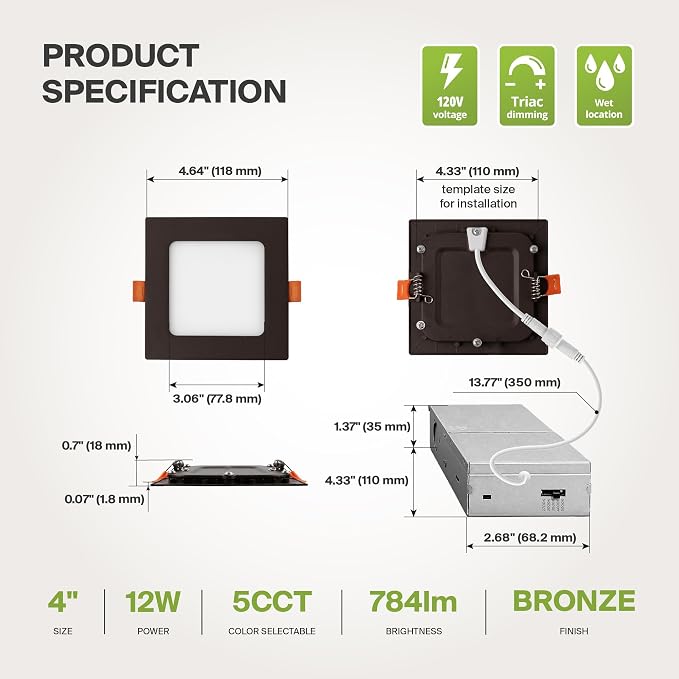 ASD 12 Pack LED Square Recessed Lighting 4 Inch, 5 CCT 2700K-5000K, 12W 50W Eqv, Ultra Thin Dimmable Ceiling Lights with J Box, Canless Wafer Downlight, Slim Panel, UL Energy Star, Oil-Rubbed Bronze