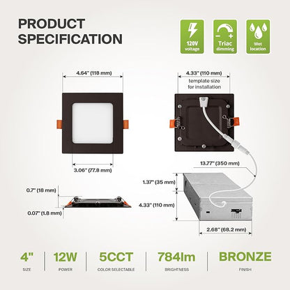 ASD 12 Pack LED Square Recessed Lighting 4 Inch, 5 CCT 2700K-5000K, 12W 50W Eqv, Ultra Thin Dimmable Ceiling Lights with J Box, Canless Wafer Downlight, Slim Panel, UL Energy Star, Oil-Rubbed Bronze