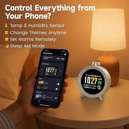 Dekala ChronoSense Smart Alarm Clock for Bedroom Temperature Humidity, 7-Day Programmable 4 Alarms, 100dB Loud Gradual Alarm for Heavy Sleeper, Hourly Chime, White Noise Sound Machine, App Control