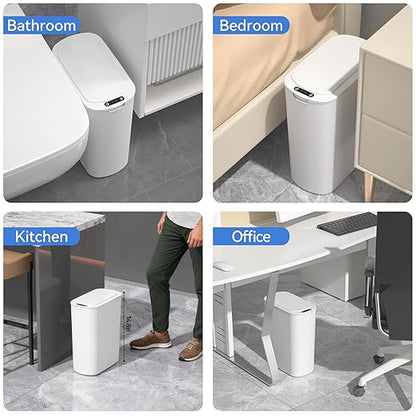 FRESHLIX Automatic Motion Sensor Bathroom Trash Can with Lid, 5 Gallon Touchless Trash Bin,Smart Electric Narrow Waterproof Garbage Bin for Toilet, Office, Bedroom, Living Room, Dorm (White