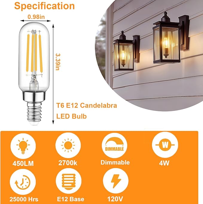 T6 E12 Candelabra Bulb LED, 6 Pack Dimmable Flicker-Free E12 LED Bulb 40w Equl 4W, 2700K Warm White Candelabra Light Bulbs T6/T25 Long Lasting E 12 Edison Light Bulbs for Chandeliers, Pendant
