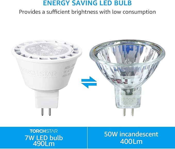 TORCHSTAR MR16 LED Bulb Dimmable, Aluminum, 12V 7W, GU5.3 Bi-Pin Base MR16 LED Spotlight, UL Listed, Spot Light Bulbs for Recessed Track Lighting, 3000K Warm White, Pack of 6