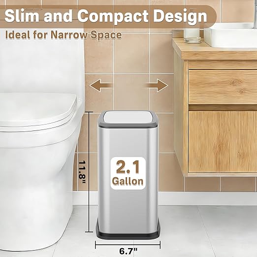 2.1 Gal Slim Bathroom Trash Can with Swing Lid, Rustproof Stainless Steel Small Garbage Can for Narrow Spaces & Toilet Side, Dog Proof Odor Control Waste Basket for Bedroom/Office, Silver