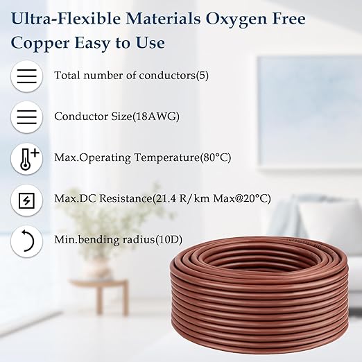 18AWG Thermostat Wire 18/5 Solid Copper – 5 Conductor Low Voltage HVAC Cable for Thermostats, Alarm Systems, Doorbells, Multi-Color, 20FT