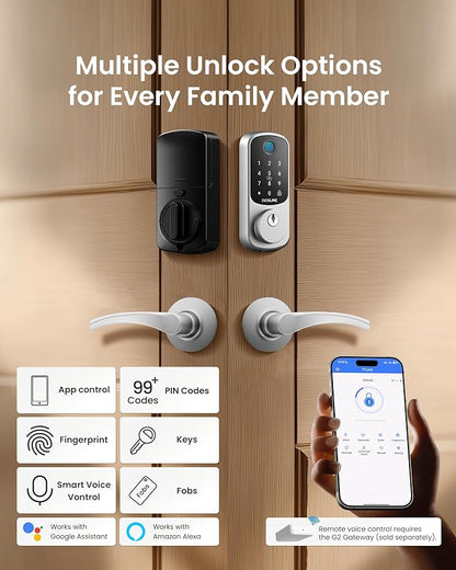 DESLOC B200 Fingerprint Smart Lock with 2 Lever Handles, Keyless Entry Front Door Lock Set, Electronic Keypad Deadbolt, App Control, Auto Lock, Long Battery Life,Silver