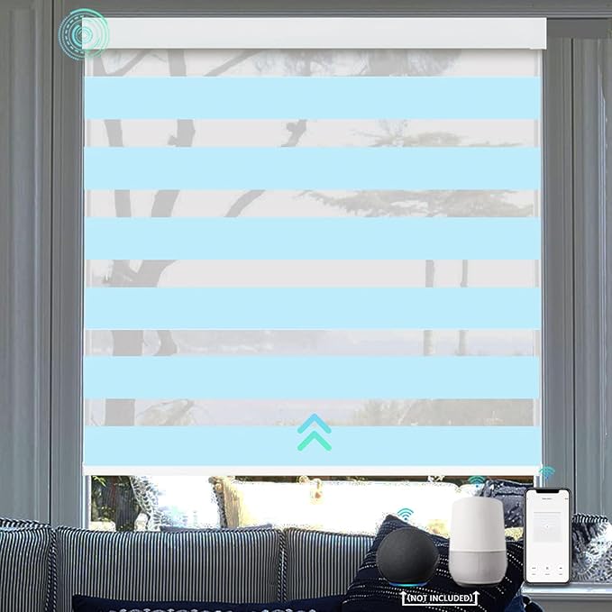 MING CHEN Motorized Blinds with Remote, Built-in Rechargeable Motor Smart Automatic Window Shades, Custom Size Electric Zebra Blinds Compatible with Alexa Google (70% Blackout Blue)