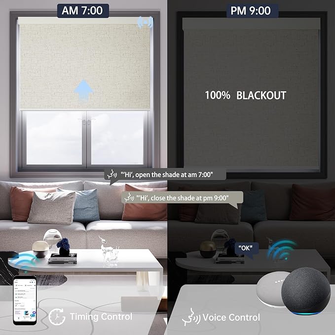 Motorized Blinds with Remote, Blackout Smart Blinds for Windows Automatic Roller Shades Compatible with Alexa, Motorized Shades Customized for Bedroom Home Office (Blackout-Linen Beige)