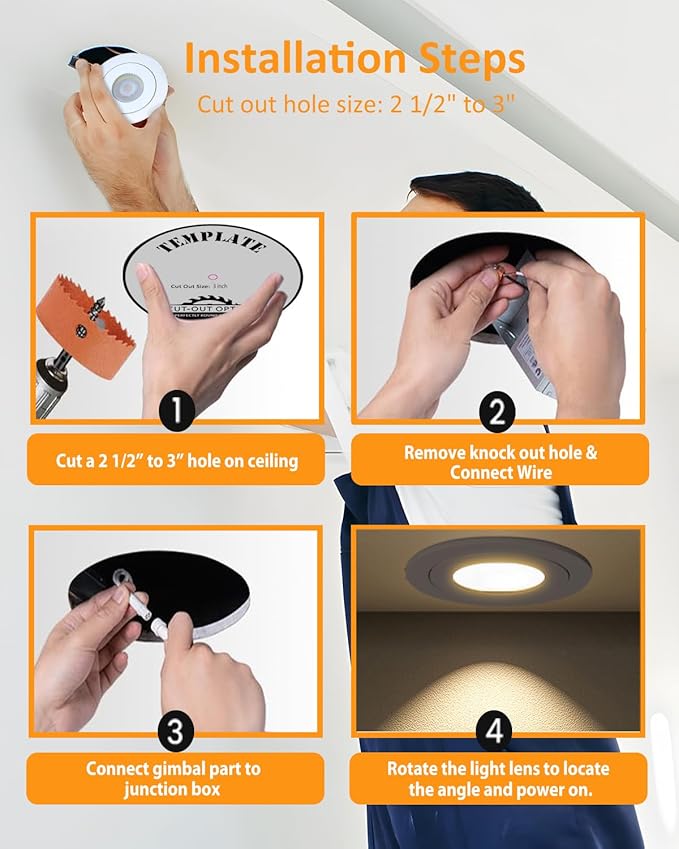POPANU 3 inch Recessed LED Lights 7W Gimbal Rotatable Directional Downlight,360°Adjustable Soffit Lighting Dimmable Swivel Eyeball, 90°Tilt Canless Swivel Spotlight 5CCT Selectable 6 Pack White
