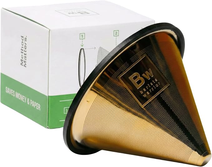 Barista Warrior Reusable Coffee Filter - Stainless Steel Pour Over Dripper, Compatible for Chemex, Hario V60 & Drippers, Easy to Clean Flavorful Brew Fine Mesh Coffee Filter - Gold