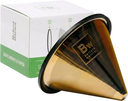 Barista Warrior Reusable Coffee Filter - Stainless Steel Pour Over Dripper, Compatible for Chemex, Hario V60 & Drippers, Easy to Clean Flavorful Brew Fine Mesh Coffee Filter - Gold