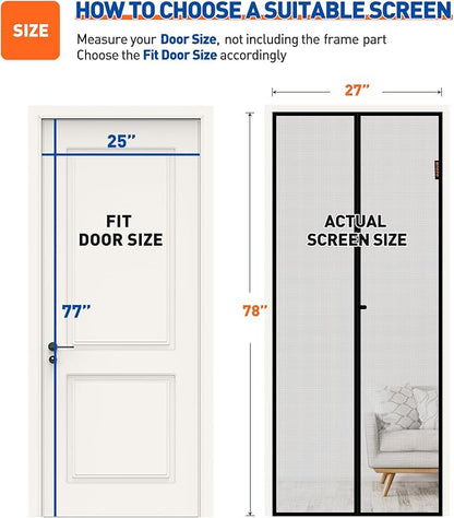 MAGZO Magnetic Screen Door Fit Door Size 25 x 77 Inch, Screen Size 27" x 78" Strong Magnets Mesh, Reinforced Fiberglass Net for Patio and Front Entrances, Gray