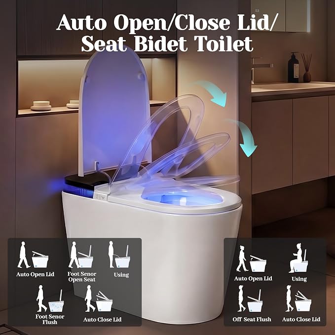 Luxury Smart Toilet with Bidet, Elongated One Piece Toilet with Heated Seat, Dryer, Auto Flush/Lid&Seat, Child Mode, Electric Tankless Toilets for Bathroom with Siphon Flush 1.28 GPF, MAP 1000g
