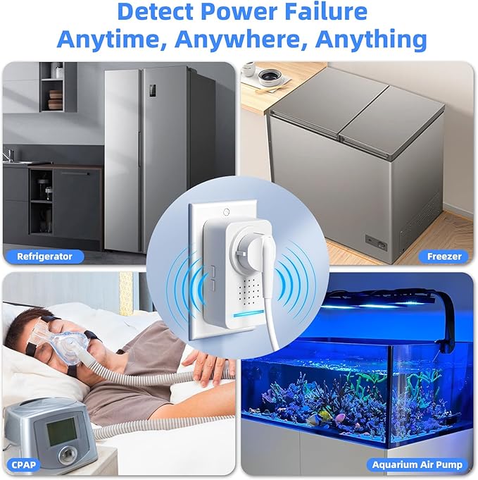 WiFi Power Failure Alarm - Multi-User Email Alert (Up to 4 Addresses), 120dB Loud Siren with 6 Tones, Free Real-Time Notifications for Freezer/Sump Pump/GFCI Monitor - No App, No Subscription Required