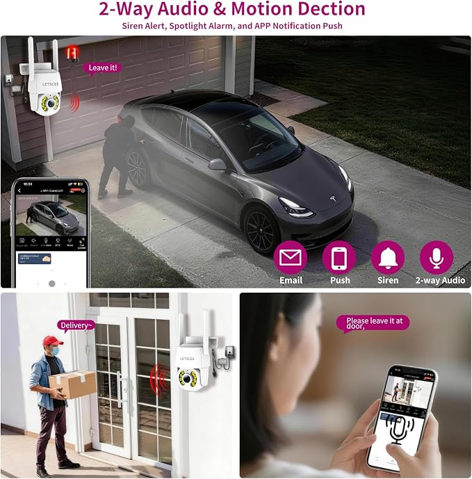 LETSCEE 4K 8MP Wired Outdoor Security Camera,Dual Power Options,Plug in,360° Pan 90° Tilt with Auto Tracking,Full Color Night Vision,2-Way Audio,Waterproof,24/7 Recording,2.4GHz WiFi Only