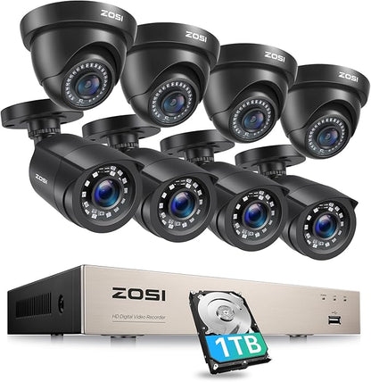 ZOSI 8CH 5MP Lite Security Camera System Outdoor with 1TB Hard Drive,8 Channel H.265+ 5MP Lite CCTV DVR and 8X1920TVL 1080P Home Surveillance Cameras,80ft Night Vision,Remote Access for 24-7 Recording