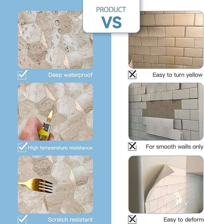 10 Sheets Beige Slate Hexagon Peel and Stick Backsplash for Kitchen Wall, Heat Resistant Stick on Backsplash PVC Smart Tiles, Waterproof Peel and Stick Wall Tiles for Bathroom