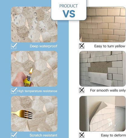 10 Sheets Beige Slate Hexagon Peel and Stick Backsplash for Kitchen Wall, Heat Resistant Stick on Backsplash PVC Smart Tiles, Waterproof Peel and Stick Wall Tiles for Bathroom