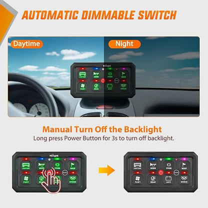 Nilight 8 Gang Switch Panel Green 12V 24V Circuit Control System 4-Mode | Fuse Wiring Harness Automatic Dimmable LED Pod Toggle/Momentary/Strobe/Flash Modes for Car Pickup Truck Camper SUV