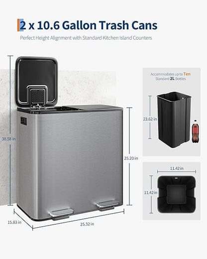 Garvee Trash Can, 2 x 10.6 gal (2 x 40 L) Garbage Can for Kitchen Dual Compartment Recycling Kitchen Step Trash Bin, Stainless Steel Trash and Recycle Bin Combo with Soft-Close Lid,Silver