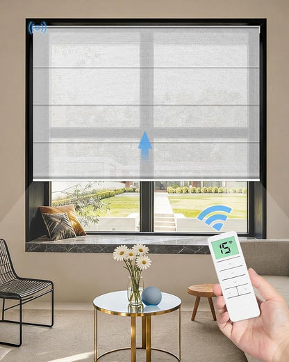 Motorized Roman Shades for Windows, Custom Light Filtering Roman Blinds with Remote, Smart Privacy Window Shades for Living Room Kitchen Office, Alexa & Google Home Compatible, App Control via RF Hub
