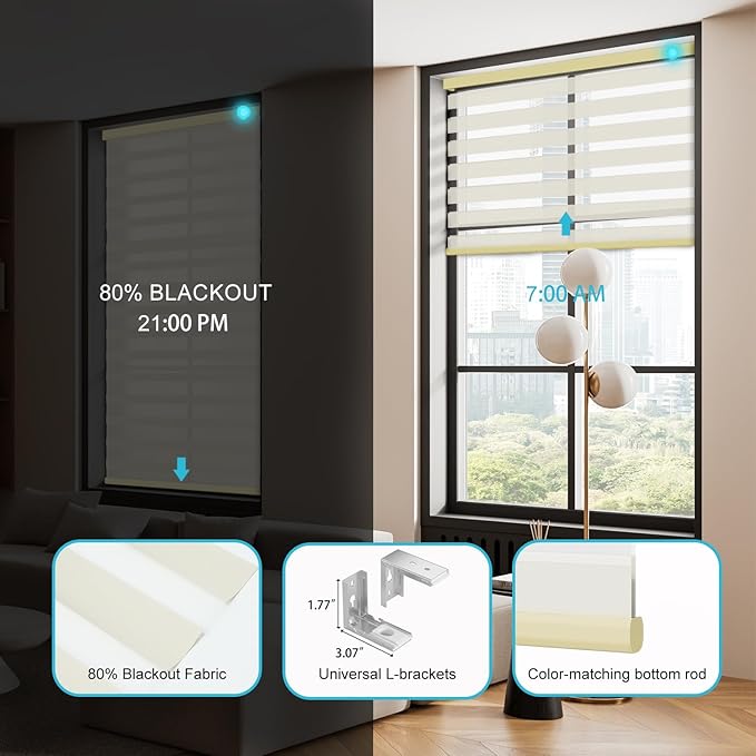 Motorized Zebra Blinds with Remote Smart Blind Work with Homekit Alexa SmartThings Electric Day and Night Shade Cordless Automatic Solar Powered Window Shade Customize(Wooden Texture Beige)