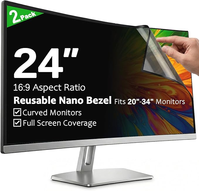 [2-Pack] 24 Inch Reusable Nano Bezel Anti-Glare Computer Privacy Screen for Monitor, 16:9 Aspect Ratio, Residue-Free Removable Anti-Spy Filter, Eye Protection Anti-Blue Light Desktop Security Shield