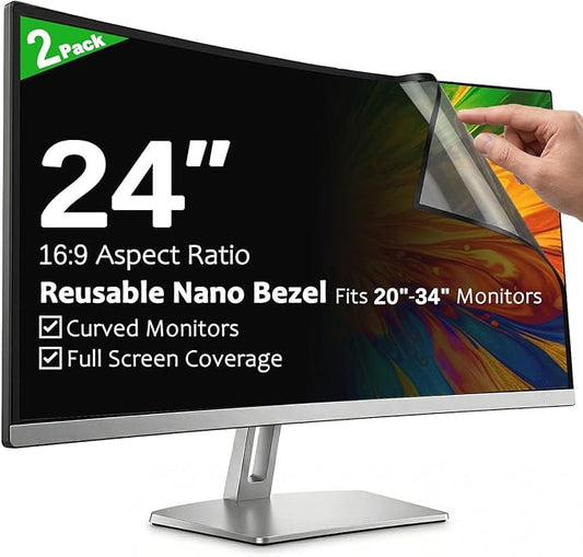 [2-Pack] 24 Inch Reusable Nano Bezel Anti-Glare Computer Privacy Screen for Monitor, 16:9 Aspect Ratio, Residue-Free Removable Anti-Spy Filter, Eye Protection Anti-Blue Light Desktop Security Shield