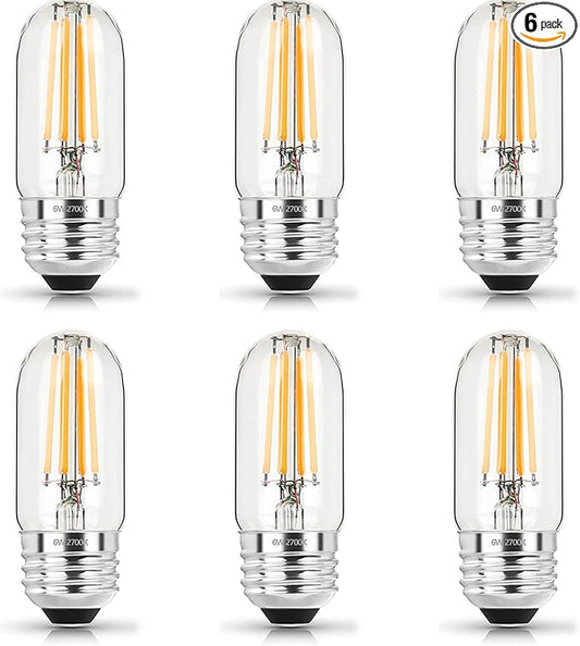 3.2 Inch 2700K Soft White E26 LED Bulb 60 Watt Equal, AC 120V 600LM Edison Bulbs Dimmable, 6W T10 T30 Tubular Filament Light Bulbs Clear Glass for Fan Pendant Wall Light, UL Certified-6 Pack