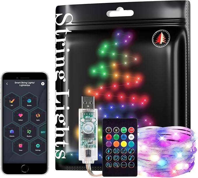BTF-LIGHTING RGB IC WS2812B USB Twinkle Smart Fairy Light String 16.4FT 50pixels Black Wire Music Bluetooth Mesh APP IR Remote DIY Control Sync Color Chasing IP65 for Christmas Tree Bedroom etc DC5V