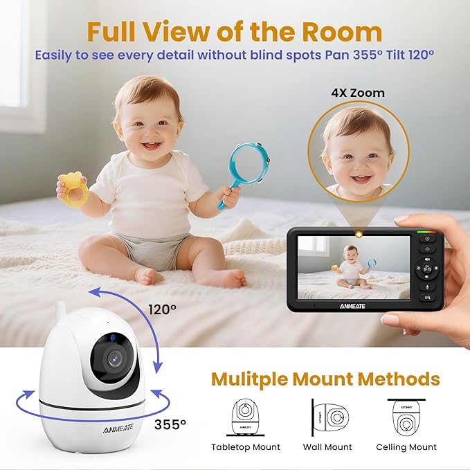 Baby Monitor with Camera and Audio – 720P Baby Camera No WiFi, 5" HD Display,Remote Pan& Tilt& Zoom, 48 Hours Battery Life, HD Night Vision, Two-Way Talk, Lullabies, Thermal Monitor, 1000ft Range